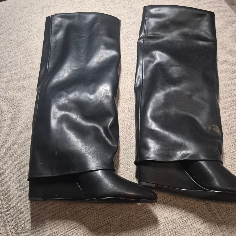 Black Faux Leather Fold Over Knee High Wedge Boots Pointed Toe Slouchy Pull On